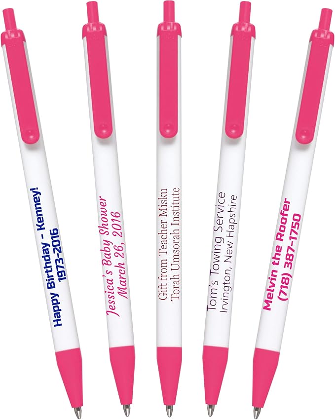 USA Made, Personalized Writing Ink Ballpoint Novelty Pens, Custom Printed with Your Logo & Text (Pack of 100 White Pens with Pink Trim)