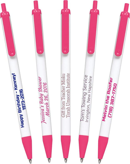 911PENS USA Made, Personalized Writing Ink Ballpoint Novelty Pens, Custom Printed with Your Logo & Text (Pack of 50 White Pens with Pink Trim)