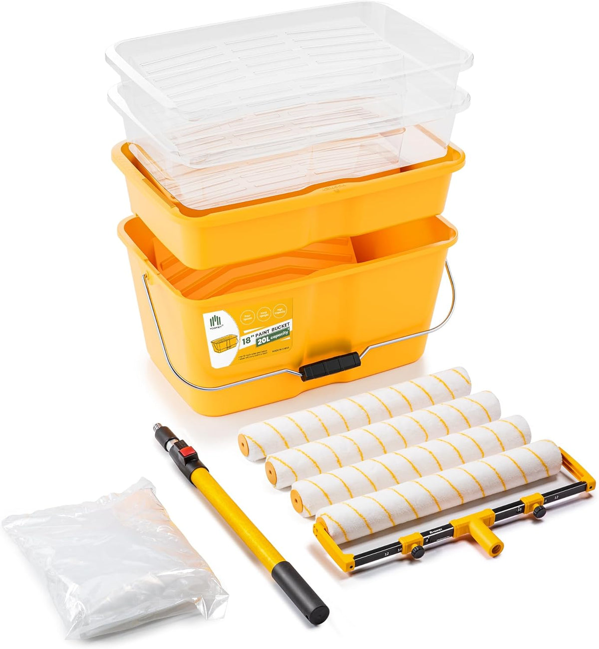 VOOMEY 13PC 18 Inch Paint Roller Kit,18"Paint Bucket and Paint Tray,Large Paint Roller Frame with 3.3 ft Extension Pole,Paint Tray Liner (Pack of 3),Ideal for Painting Large Areas