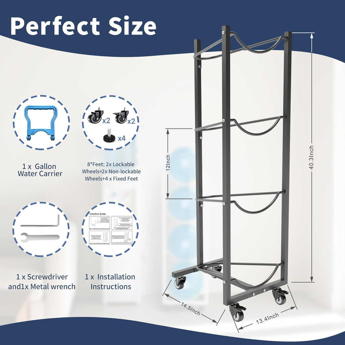 5 Gallon Water Bottle Holder: 4 Tier 5gal Water Jug Storage Rack with 4 Wheels for Home Kitchen Garage - Space Saving & Black