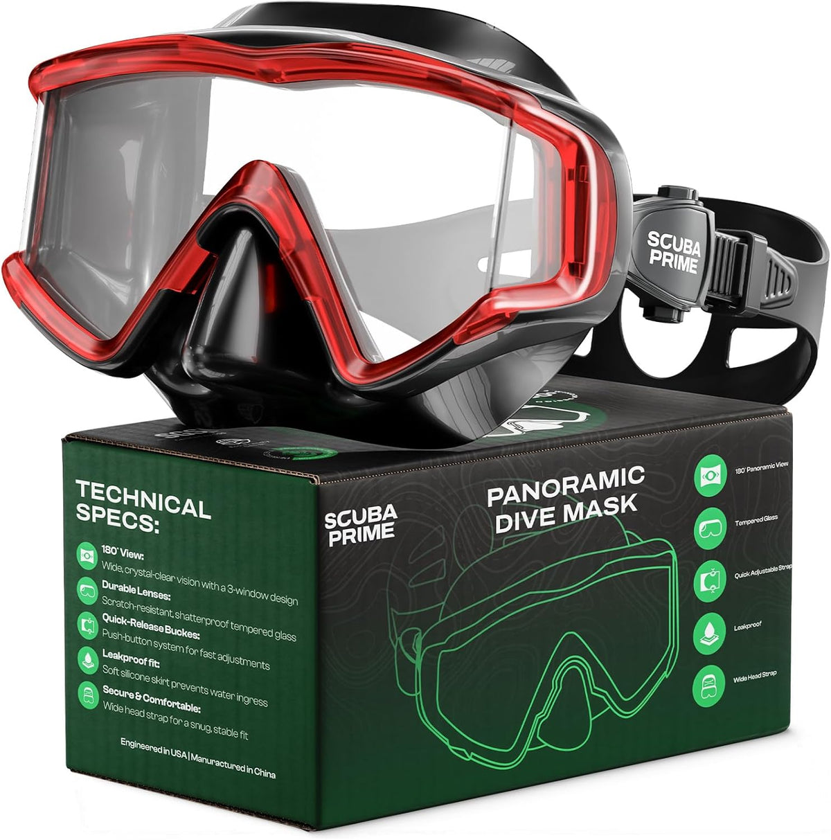 Pano 3 Scuba Diving Mask, Tempered Glass Snorkel Mask Three-Window Scuba Mask No-Leak Dive Mask Silicone Skirt Diving Mask for Snorkeling and Scuba Use