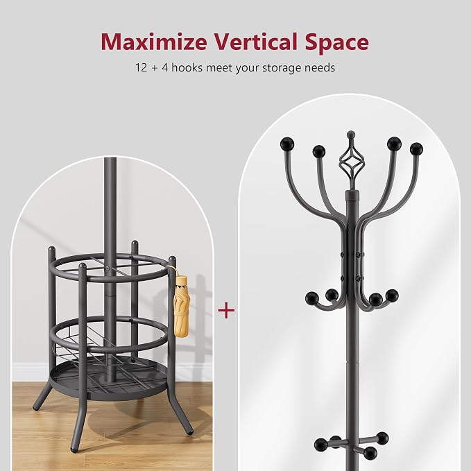 Tajsoon Coat Rack with Umbrella Holder, Coat Tree Freestanding, Coat Rack Stand with 16 Hooks, Coat Stand for Living Room, Bedroom, Office, Grey
