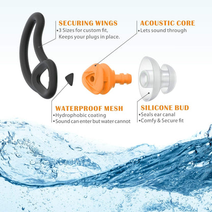Hearprotek Ear Plugs for Swimming, [2 Pairs] Swim Ear Plugs Adults-Waterproof Silicone Water earplugs for Men Women Juniors Swimmers Pool Shower Bathing (Orange)
