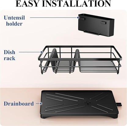 SNTD Dish Drying Rack for Kitchen Counter - Large Dish Rack with Drainboard, Rustproof Dish Drainer with Utensil Holder for Sink, Black