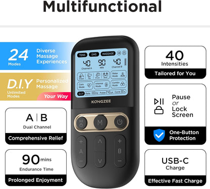 4 in 1 - D.I.Y & Tens Unit & EMS & Massage Muscle Stimulator, Dual Channel TENS Units Therapy Machine for Pain Relief, FDA Cleared Rechargeable Electronic Pulse Massager,with 12pcs Electrode Pads