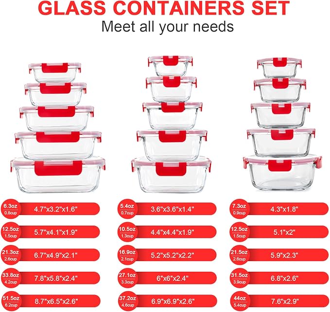 KOMUEE 30 Pieces Glass Food Storage Containers Set, Meal Prep Containers Set with Snap Locking Lids, Airtight Glass Lunch Containers, Microwave, Oven, Freezer & Dishwasher, Red
