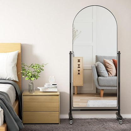 Modern Arch Mobile Floor Mirror, 65"L x 23"W, Black Metal Frame, Tilting, Rolling Wheels