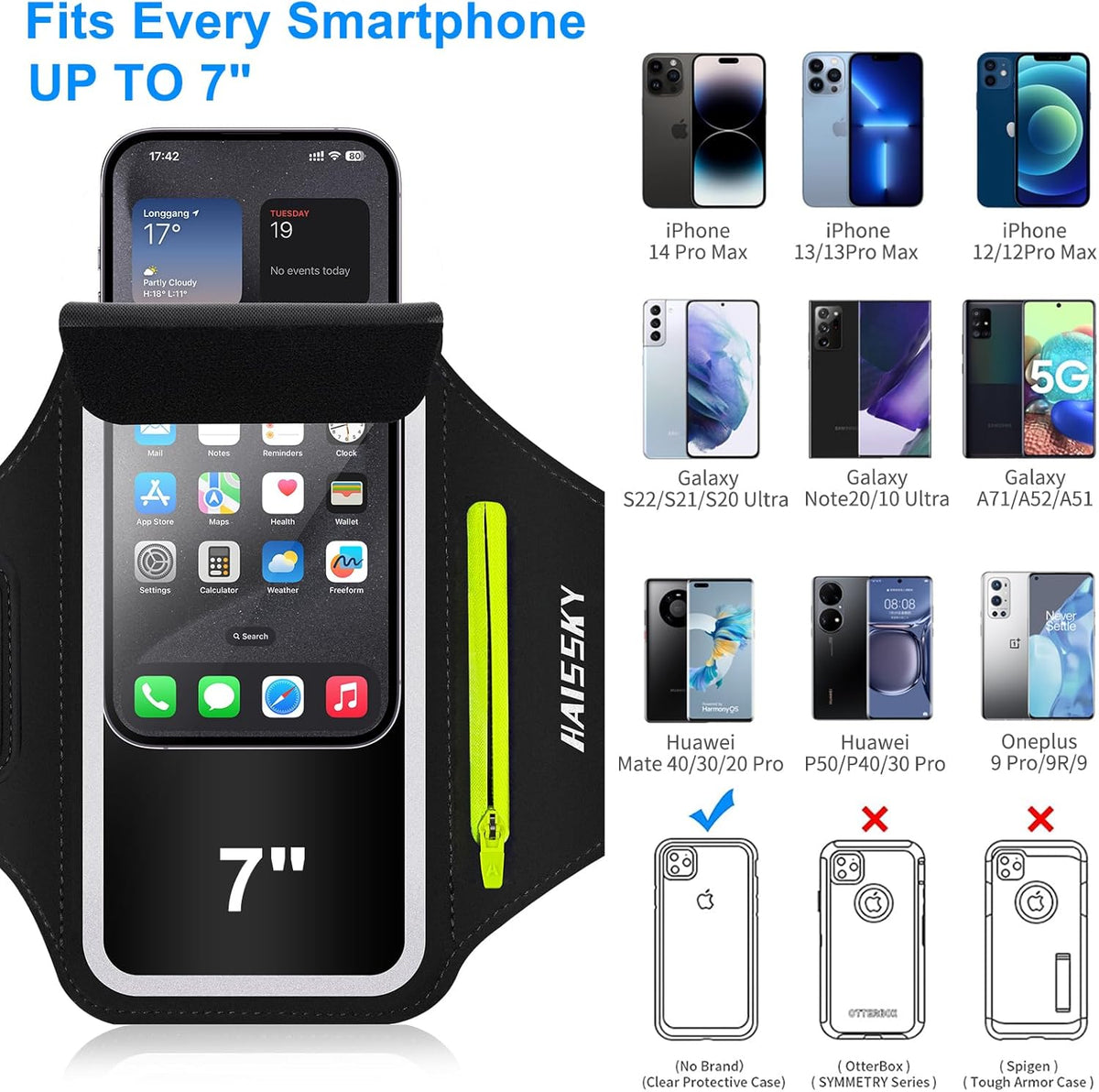 Running Armband with Earphone Bag Cell Phone Armband for iPhone 16 15 Pro 14 Plus 13 11 XR XS, Galaxy S24/S10 Water Resistant Sports Phone Holder Case & Zipper Slot Car Key Holder for 6.9 inch Phone