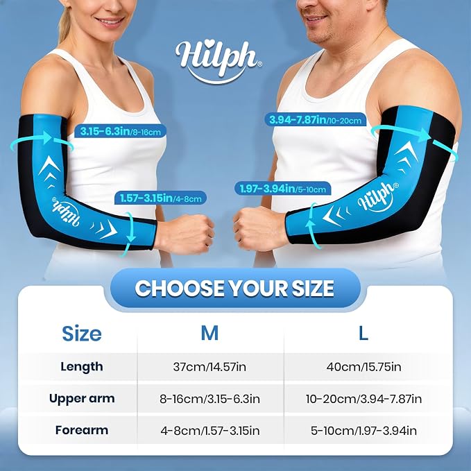 Hilph Full Arm Elbow Ice Pack Sleeve for Pitchers, Extended-Length Design | Reusable Hot Cold Compression Gel Ice Wrap for Tennis Elbow, Golfers Arm, Tendonitis, Carpal Tunnel, Sports Recovery, Medium