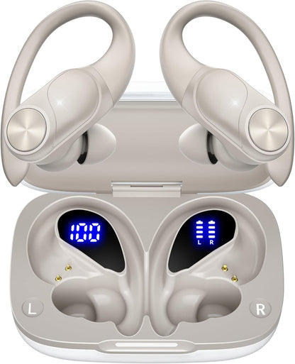 PocBuds Bluetooth Headphones Wireless Earbuds 80hrs Playtime Wireless Charging Case Digital Display Sport Ear Buds with Earhook Deep Bass IPX7 Waterproof Over-Ear Earphones for Phone Laptop Beige
