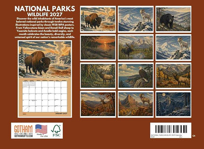 National Parks Wildlife Vintage Travel Poster Calendar 2027 Monthly Wall Calender 12 Month