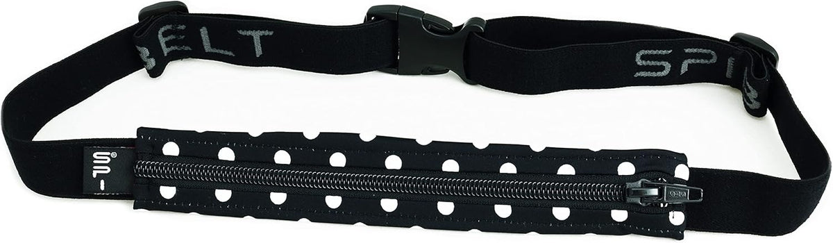 SPIbelt Running Belt for Women Men, Phone Holder for Running, Running Fanny Pack, Holder for Phone, Running Waist Pack, Adjustable Waist, [Fits All Phones]. Black White Polka Dot/Black Zipper