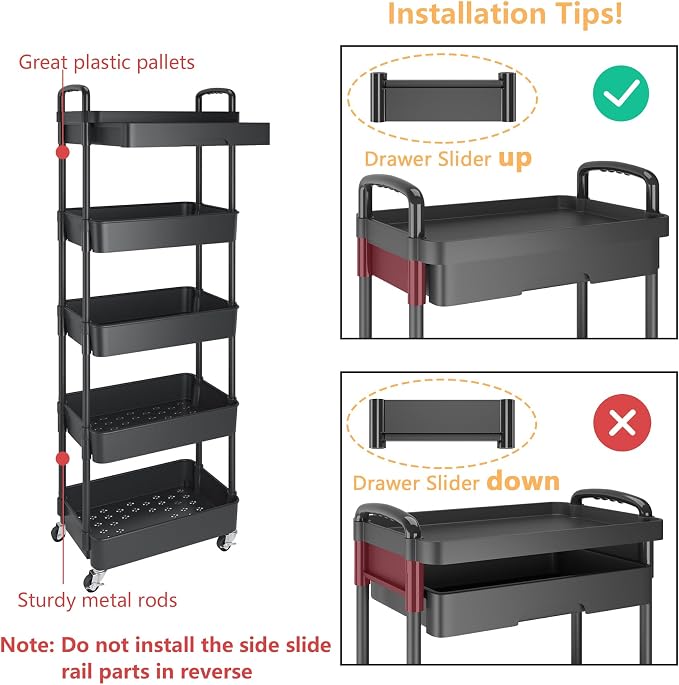 Calmootey 5-Tier Rolling Utility Cart with Drawer,Multifunctional Storage Organizer with Plastic Shelf & Metal Wheels,Storage Cart for Kitchen,Bathroom,Living Room,Office,Black