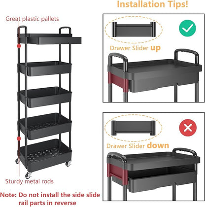 Calmootey 5-Tier Rolling Utility Cart with Drawer,Multifunctional Storage Organizer with Plastic Shelf & Metal Wheels,Storage Cart for Kitchen,Bathroom,Living Room,Office,Black
