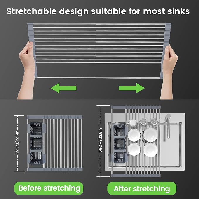 BBXTYLY Expandable Roll Up Dish Drying Rack Up to 22.8''with 2 Storage Baskets,Over The Sink Kitchen Rolling up Dish Drainer Drying Rack, Foldable,Rollable,for Kitchen Dishes(Expandable Width Size)