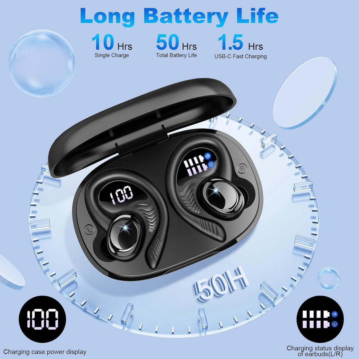 Wireless Earbuds Sport, 2025 Bluetooth 5.4 Headphones with Earhooks, 50H Stereo Deep Bass Over Ear Buds with 4 ENC Noise Canceling Mics, IP7 Waterproof Earphones for Running Workout Gym -Black