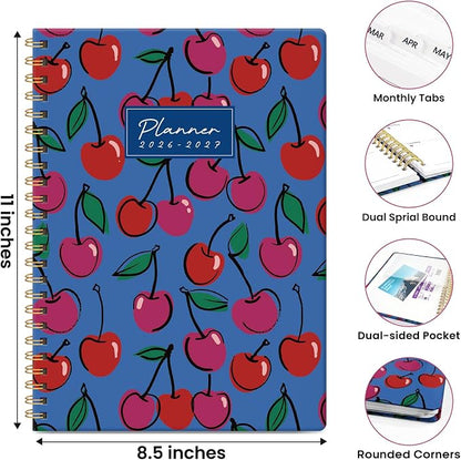 Planner 2026-2027, Academic Year Monthly & Weekly Planner Caledndar, July 2026 - June 2027, Hardcover Large Planning Agenda Book with Tabs for School Office Supplies, 8.5" x 11" - Sweet Cherries