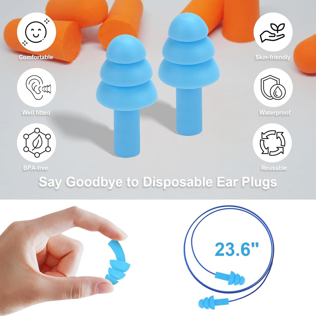 Ear Plugs for Swimming,Sleeping Noise Cancelling,Snoring,Shoting,Working, Reusable Silicone Earplugs, Super Soft Ear Plug for Noise Reduction, Ears Protection (12 Pairs)