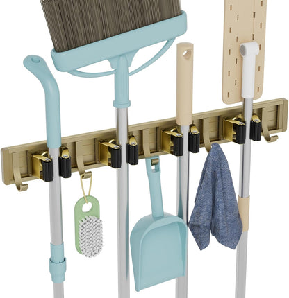 Broom Holder Wall Mount Mop and Broom Hanger Wall Mounted Garage Storage Rack Kitchen Garden Tool Organizer (4 Racks with 5 Hooks, Bronze)