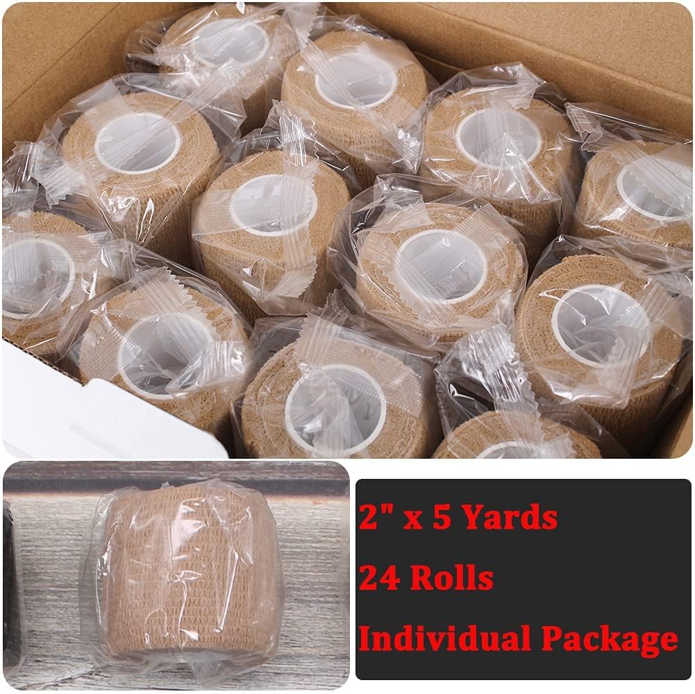 24 Pack Brown Breathable Self Adhesive Bandage Wrap 2 in, Multi-Purpose Non-Woven Cohesive Wrap - Vet Wrap | Athletic Tape | Medical Tape, Ankle Sprains, Swelling, Pets.