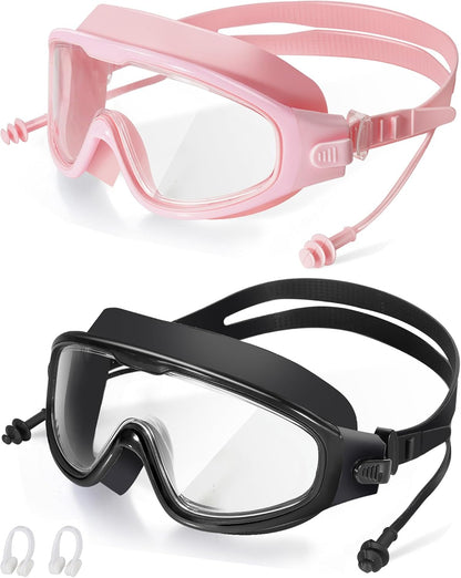Adult Swimming Goggles,Leak-Proof,Anti-Fog Pool Glasses,Wide View Swim Goggles with Ear Plugs and Nose Clip