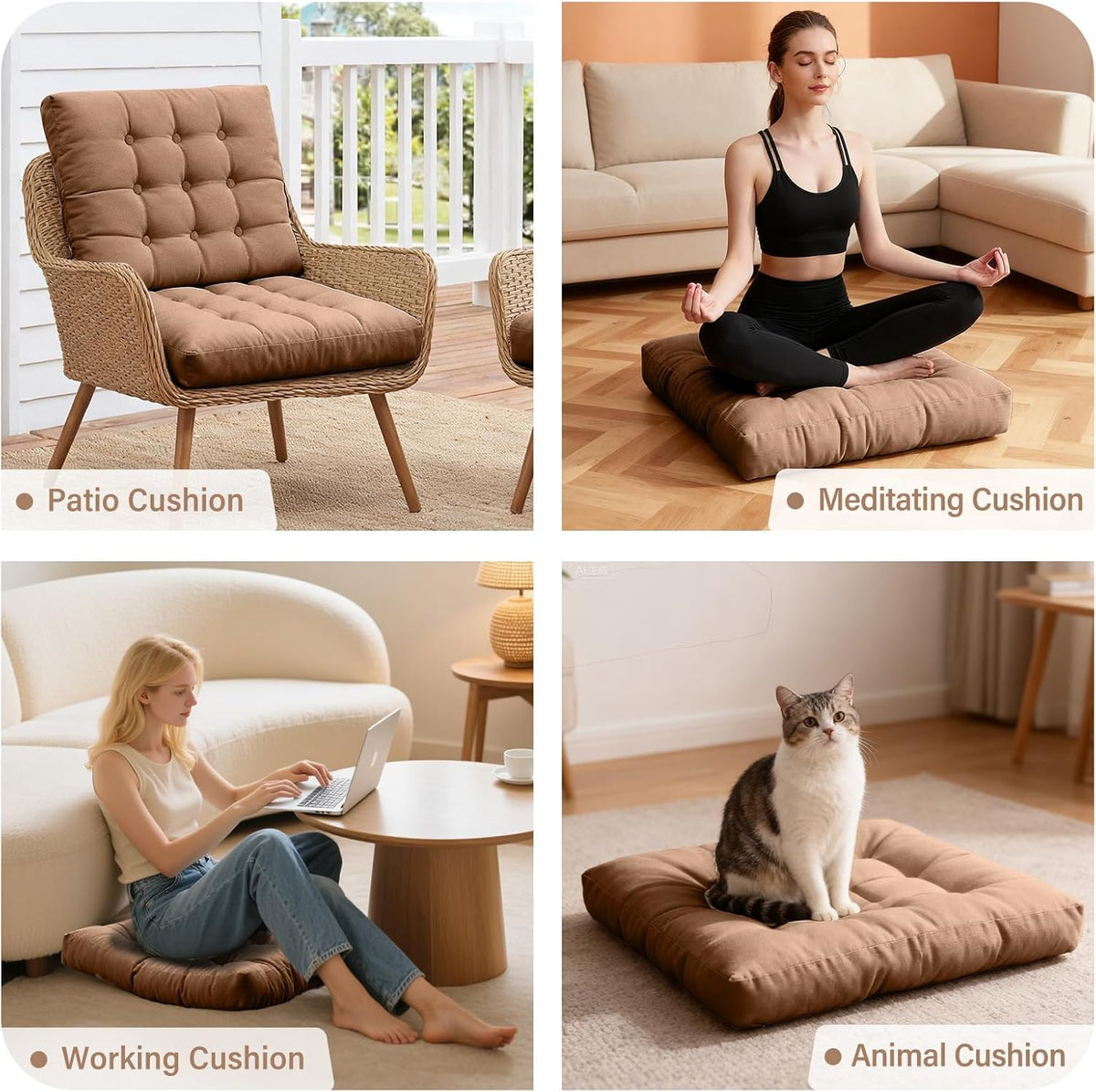 Tiita Meditation Floor Pillows, 22 Inch Square Floor Cushions for Adults, Thicken Tufted Seat Pad Set of 2, Large Floor Cushion for Yoga Garden Living Room Balcony Office Tatami, Coffee