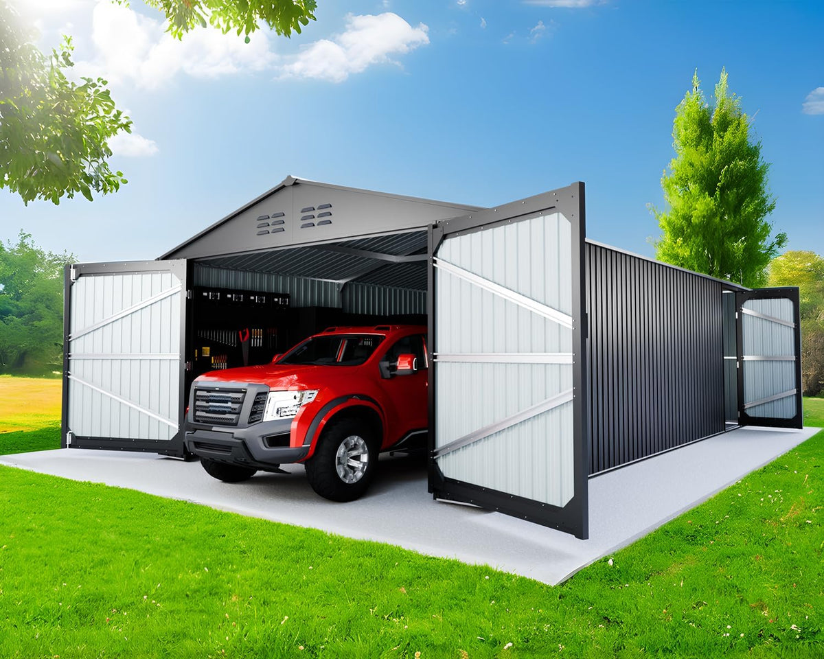 20 x 13 FT Outdoor Storage Shed, Metal Garage Shed with 2 Lockable Doors, Large Metal Building with 4 Air Vents, Galvanized Steel Prefab Storage House for Car, Truck, Bike, Tool, Dark Gray (Upgrade)