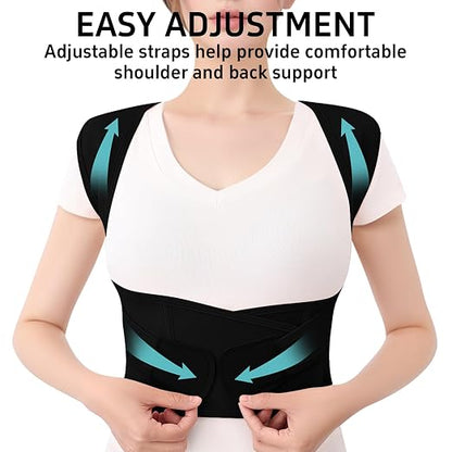 Posture Corrector for Women and Men Plus Size Full Back Support Brace Straightener Scoliosis Spine Upper Back Pain Relief Adjustable Shoulder Instant Posture Corrector with Hunchback (Black, Large)