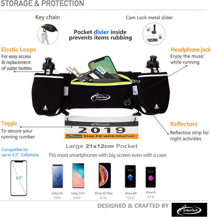 AiRunTech Hydration Running Belt with Water Bottle, Running Fanny Pack for Phone and Wallet Holder, Running Bag Runners Essentials Accessories Marathon Triathlon Walking Jogging Gear Gift