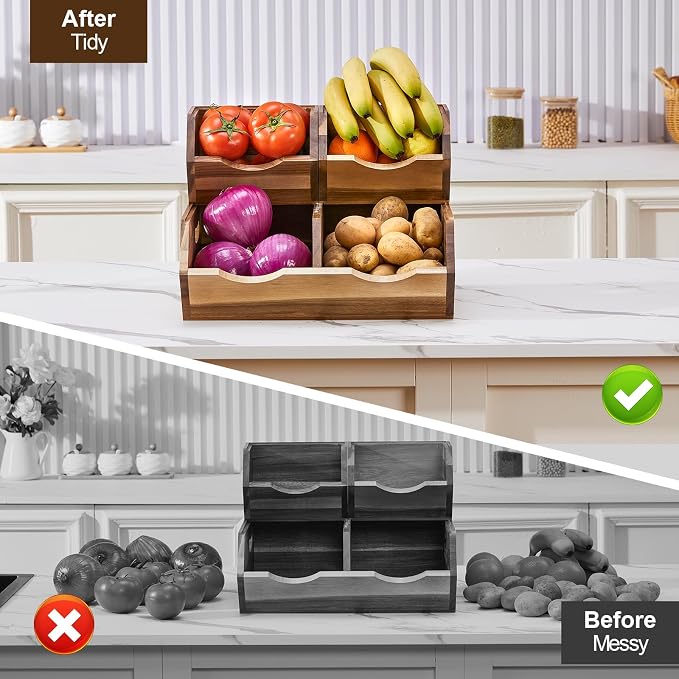 Acacia Wood Pantry Storage Bins, Stackable Storage Baskets Potato and Onion Storage Bins, Pantry Organizer Wooden Baskets Organization and Storage, Set 3 Pieces