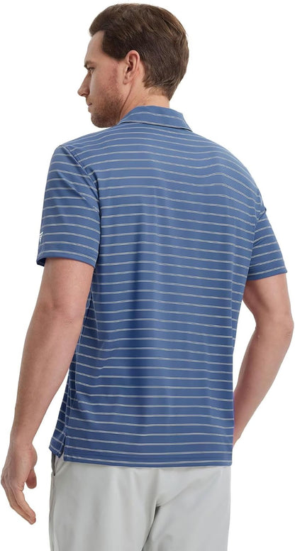M MAELREG Mens Striped Golf Shirts Short Sleeve Silk-Like Touch Water-Resistant Breathable Soft Collared Polo Shirts for Men