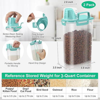TBMax Rice Container Cereal Storage Container 2 Pack 5 Lbs, Kitchen Pantry Dry Food Storage Holder with Easy-Pouring Spout & Handy Cup, Small Pet Dog Cat Food Dispenser for Daily Feeding -Cyan