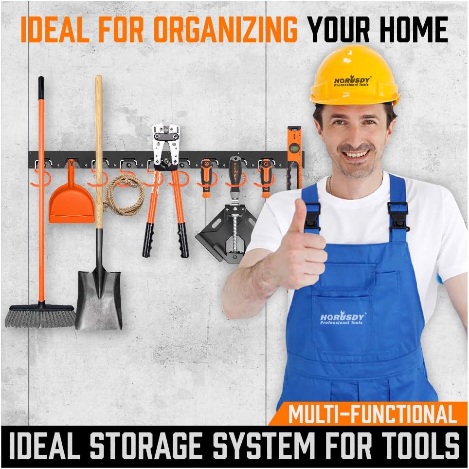 HORUSDY 64 Inch Adjustable Storage System, Wall Mount Tool Organizer, Tool Hangers for Mop and Broom Holder Shovel, Rake, Broom, Mop Holder, Etc