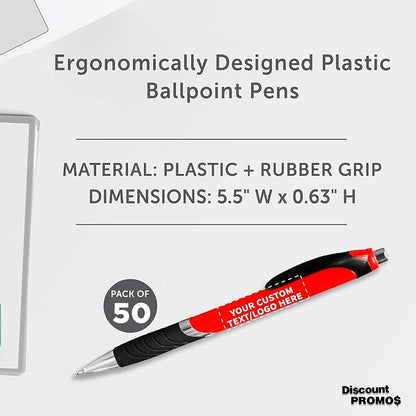 DISCOUNT PROMOS Ballpoint Pens With Rubber Grip - 50 pack - Customizable Text, Logo - Black Ink Ball Point Pen with Soft Touch Plastic - Red