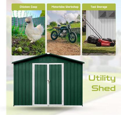 8' x 6' Outdoor Storage Shed, Sturdy Metal Building w/Lockable Doors for Garden, Backyard, Poolside and Lawn, Green