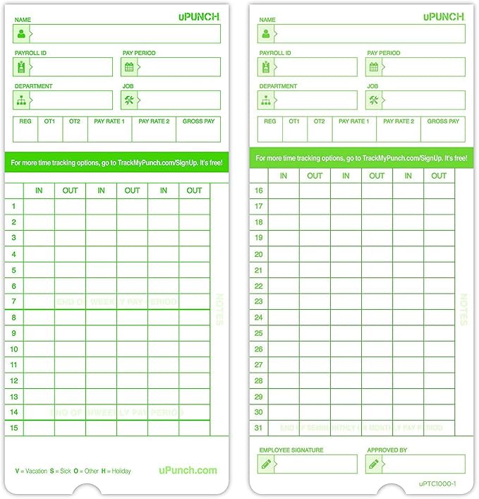 100 uPunch Time Cards for HN3000
