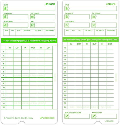 100 uPunch Time Cards for HN3000