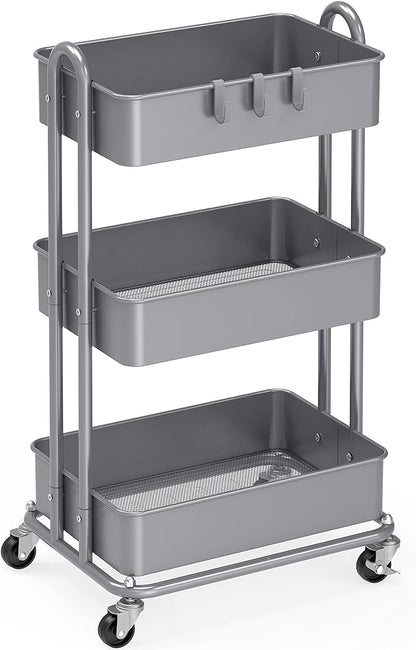 Simple Houseware 3-Tier Heavy Duty Metal Utility Rolling Cart, Silver