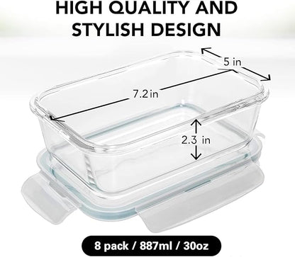 Razab 16 Pc (Set of 8) 30 Oz Glass Meal Prep Containers with Lids, Airtight Large Glass Food Storage Containers, Reusable Leak Proof BPA Free, Freezer to Oven and Dishwasher Safe