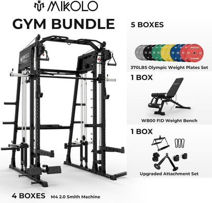 Mikolo Smith Machine, 2200lbs Squat Rack with LAT-Pull Down System & Cable Crossover Machine, Training Equipment with Leg Hold-Down Attachment