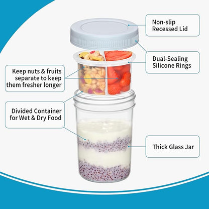 Xyptorix 16 oz Overnight Oats Containers with Airtight Lids - 6-Pack Leak-Proof Wide Mouth Mason Jars & Divided Cups for Dried and Wet Foods, Glass Jars for Chia Pudding, Salad, Snacks, and Yogurt