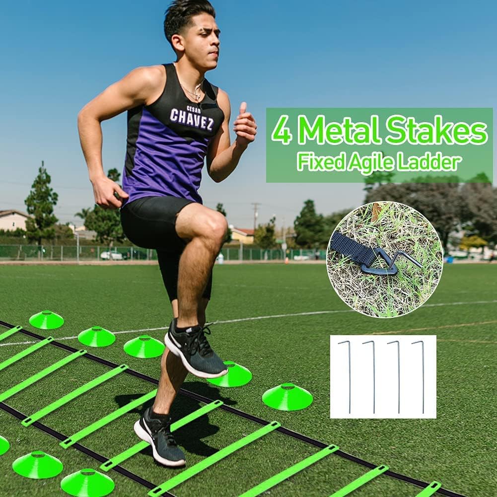 Speed & Agility Ladder Training Equipment Set, Includes 12 Rung 20ft Agility Ladder, 4 Agility Hurdles,12 Disc Cones, 1 Resistance Parachute for Training Football Soccer Basketball Athletes