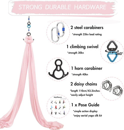 Aerial Silks Yoga Swing Set - 9/11 Yards Aerial Yoga Hammock Kit Anti-Gravity Flying for Fitness, Low/Non Stretch Nylon Tricot Fabric Hardware Included for Dance