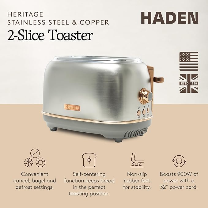 Haden Heritage 2 Slice Wide Slot Stainless Steel Toaster with Adjustable Browning Control & Non-Slip Feet, Steel & Copper