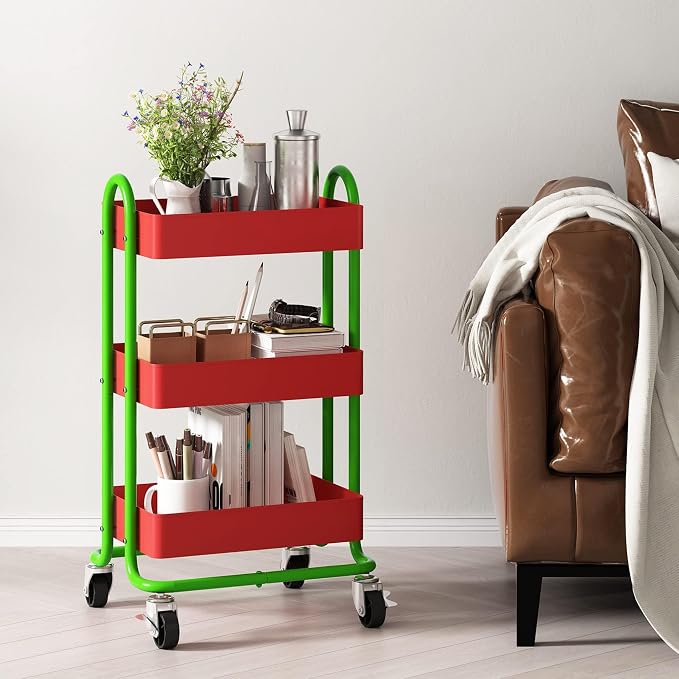 Metal Rolling Cart,3-Tier Metal Rolling Cart with Wheels,3 Tier Utility Cart with Wheels for Office,Home,Kitchen,Garden（13.4"x18.1"x31"） Red+Green