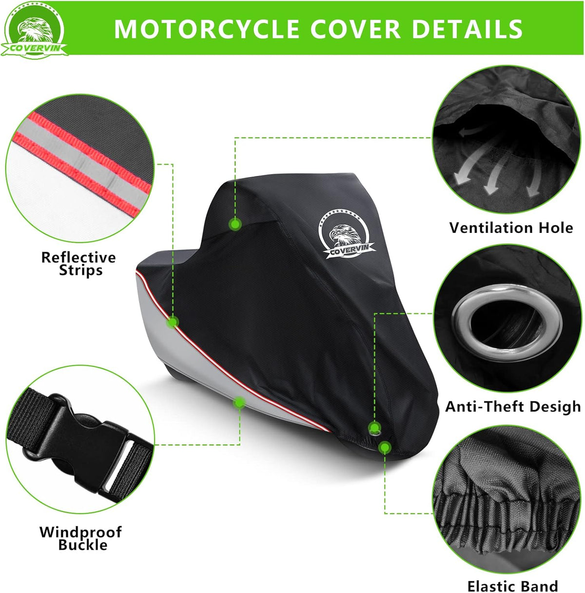 COVERVIN Motorcycle Cover, All Weather Outdoor Waterproof Night Protection with Reflective Strips, Locking Holes and Storage Bag for 91 Inch Suzuki, Kawasaki, Honda, Harley-Davidson(Silver L)