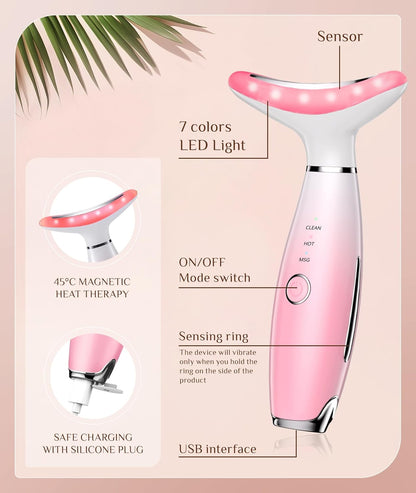 7 Color Galvanic Machines - Red Light Therapy for Face and Neck, Face Massager Tool for Wrinkles, Double Chin, Vibrating Facial Massager with Thermals, Pink
