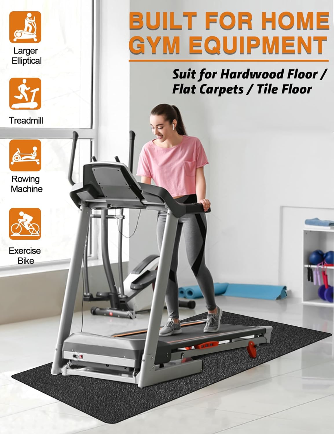 Treadmill Mat, 5'x2.5'/5.6'x2'/6.5'x3'/8'x3',6mm Thickness Exercise Equipment Mat for Carpet Hardwood Floors, Compatible with Walking Pad,Spin Bike,Elliptical Trainer,Rowing Machine
