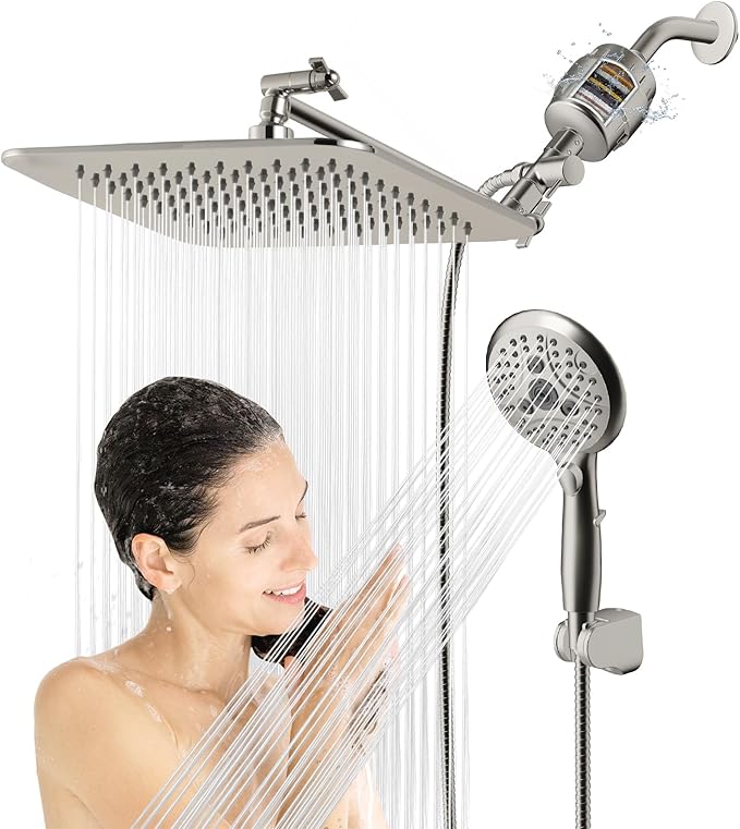 10'' Dual 20 Stage Filtered Shower Head with Handheld, 6 Spray Settings Handheld Shower Head High Pressure Rainfall Filter Combo with 12'' Adjustable Extension Arm, 71'' Shower Hose (Brushed Nickel)