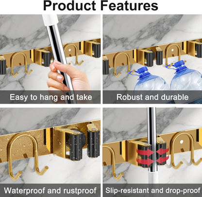 Mop Broom Holder Wall Mount, 2 Packs Gold Stainless Steel Tool Storage Organizer for Kitchen Garden Garage Laundry Room Bathroom and RV with 4 Slots 6 Hooks